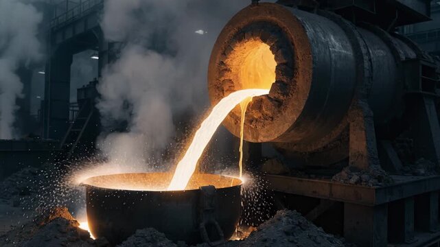 Medium shot of molten nickel matte tapping from a converter vessel illustrating the precise flow of refined metal pouring into a ladle within a hightemperature metallurgical