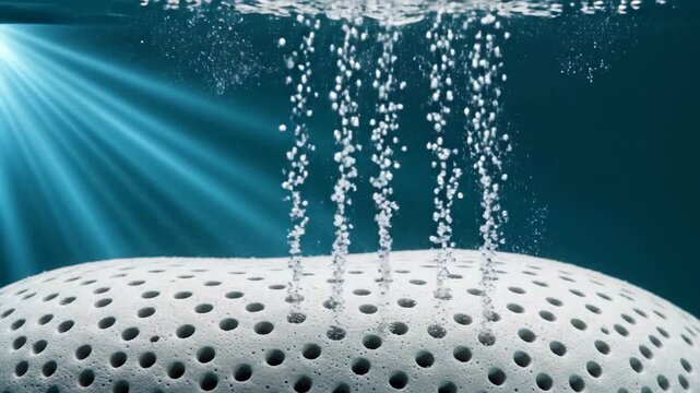 Latex pillow submerged in water releasing bubbles through ventilation holes. Scientific material testing demonstration of aeration and breathability under liquid