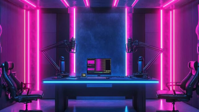 Futuristic luxury workstation room with glowing magenta neon frame monitors and sleek desk setup showing creative technology studio streaming production gaming and modern cyber interior design concept