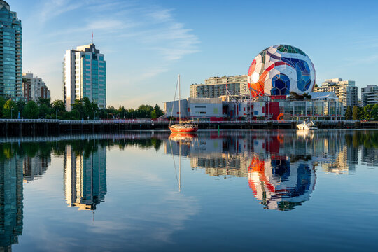 Vancouver, British Columbia, Canada &ndash; June 1, 2026 - False Creek Science World Fifa Soccer Ball Dawn. The geodesic dome of Science World decorated as a Fifa soccer ball. British Columbia, Canada.

