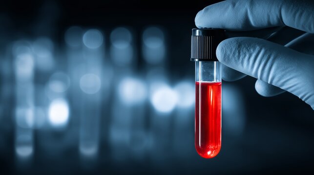 Lyme disease test tube with blood sample held by gloved hand in laboratory setting during research period