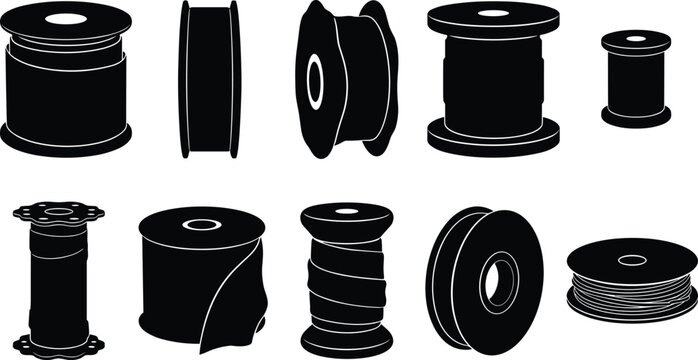 Collection of various spools and bobbins for thread, ribbon, and other wound materials, depicted in silhouette