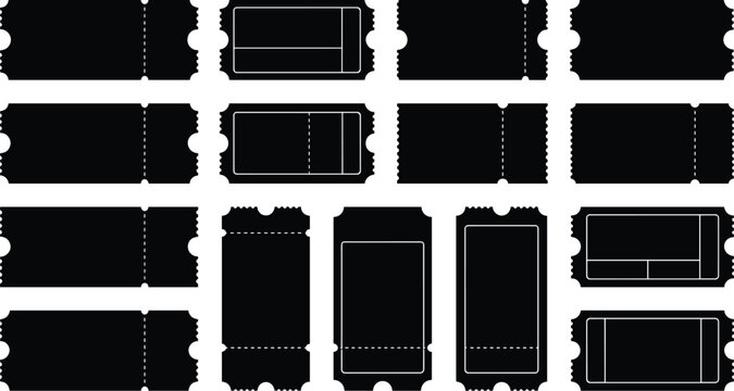 A collection of various black silhouette ticket designs, including movie tickets, raffle tickets, and general admission stubs, presented on a white background