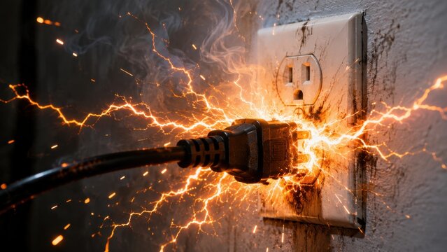 Electrical outlet sparking with overloaded plug causing visible fire hazard