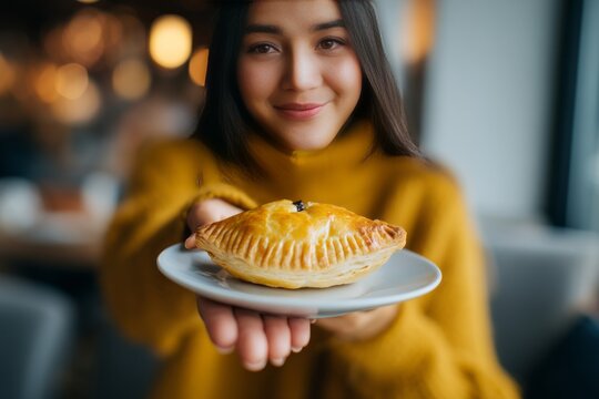 Woman holding small portion of pastry on plate. Mindful eating and conscious food choice concept. Healthy diet and portion control for weight management and GLP-1 wellness journey.