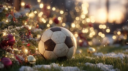 Fototapeta premium Winter lawn moment featuring a soccer ball with seasonal decor and soft twilight glow