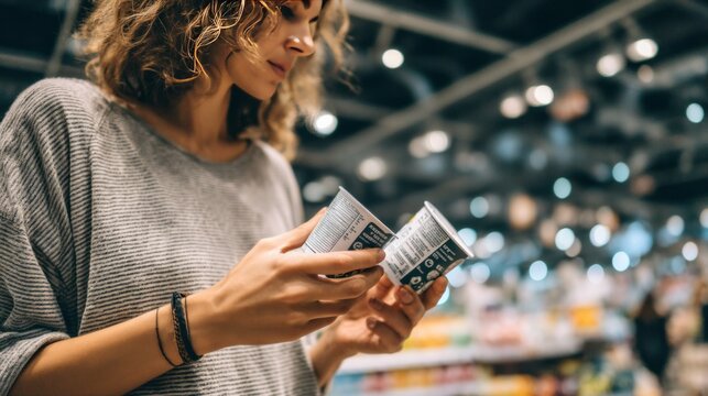 Woman reading nutrition label on yogurt cup in supermarket. Customer checking ingredients for healthy diet. Choosing dairy product for conscious consumerism and grocery shopping lifestyle.