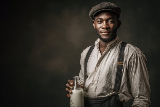 Three-quarter view of a classic milkman holding a milk bottle, warm studio glow