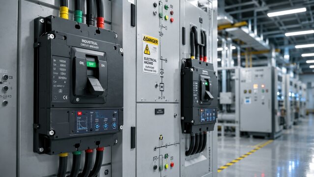 Electrical switchgear panels installed in industrial facility aisle