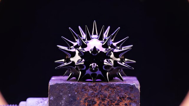 Ferrofluid structure reacting to magnetic field. Spike formation of liquid metal on metal block. Scientific demonstration of magnetic properties and fluid dynamics