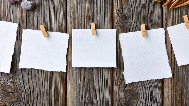Blank torn paper notes clipped on rustic wooden board