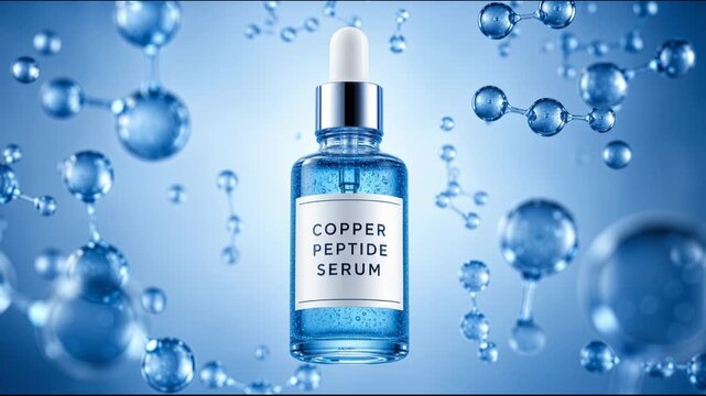 Copper peptide serum bottle with molecules, skin anti aging rejuvenation