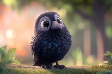 Obraz premium Playful black bird mascot design: round body, soft shading, friendly gaze in a vibrant nature setting