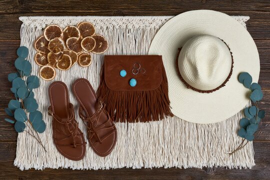 Bohemian summer outfit flat lay with a wide-brim hat, fringed bag, and sandals on a macrame mat.
