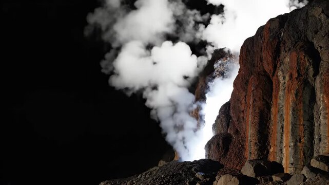 Thick white steam rising from rocky geothermal vent. Volcanic site with fumarole emitting gas. Earth science and natural energy exploration at geological location