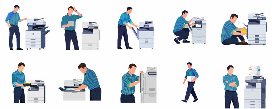 Set of Flat Vector Illustrations Showing a Businessman Troubleshooting, Repairing, and Operating an Office Multifunction Printer and Photocopier Machine