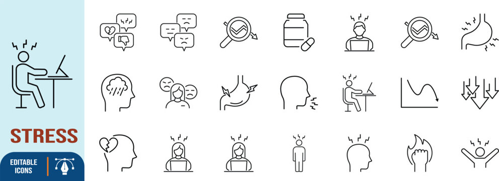 Stress and mental health outline icons. bottle icon set, stomach icon set, head icon set