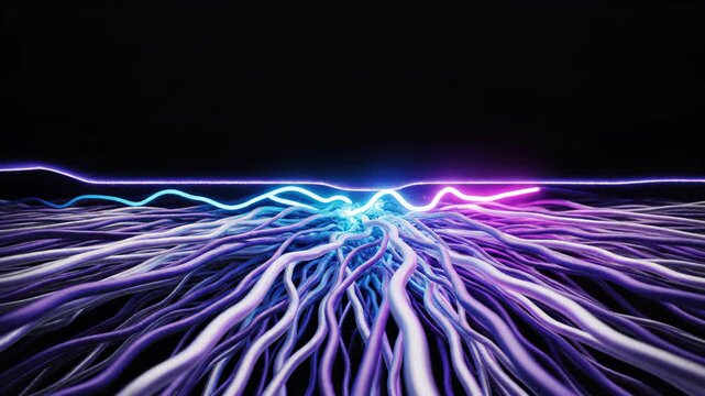 Fiber optic cables transmitting glowing data pulses through network infrastructure. Digital connectivity system with moving light signals for telecommunication