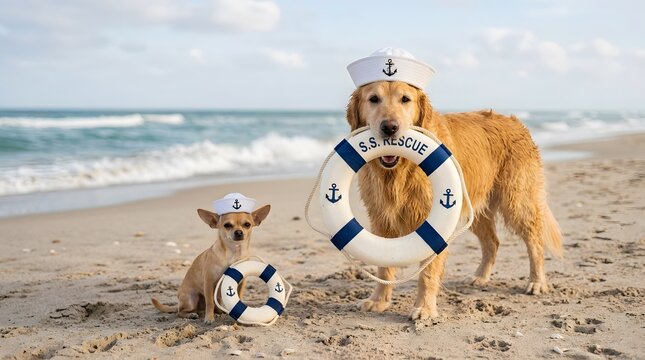 Nautical dog duo on beach with lifebuoy