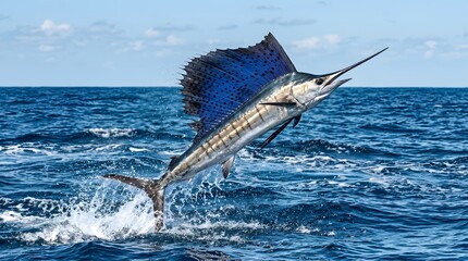 Fototapeta premium Istiophorus platypterus leaping from ocean waves atlantic sailfish action shot