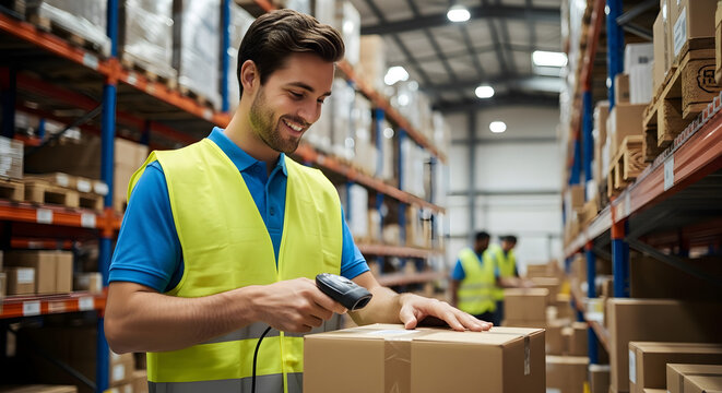 Warehouse worker scanning box while smiling at camera