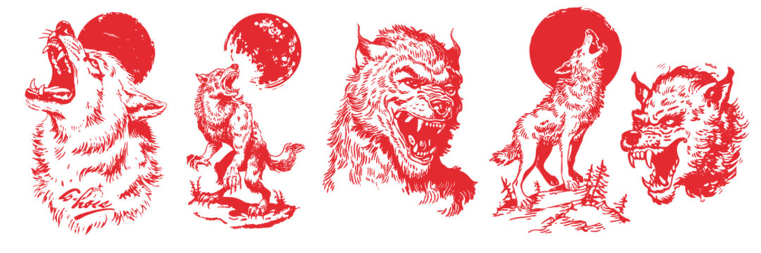 Halloween werewolf illustration set in vintage style sketch