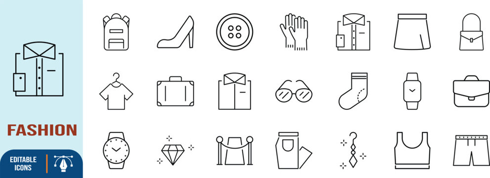 Fashion apparel and accessory outline icons. shirt icon set, high heel icon set, handbag icon set