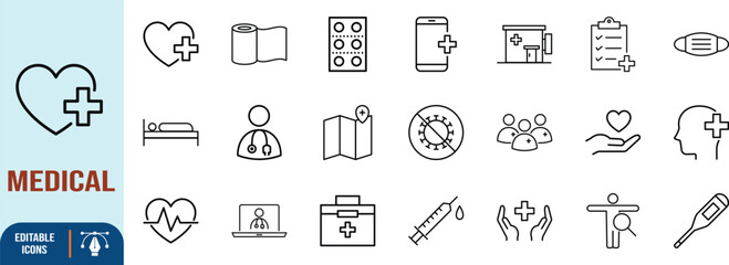 Medical and healthcare line icon collection. heart icon set, syringe icon set, stethoscope icon set © Never lost
