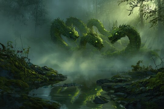 Multi-headed hydra rising from a misty swamp in a high fantasy illustration