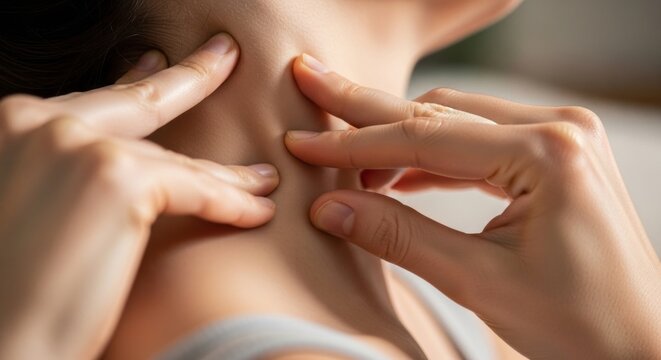 Woman stimulating vagus nerve by massaging side of neck with finger. Manual therapy for relaxation and stress relief. Alternative medicine technique for nervous system health regulation.