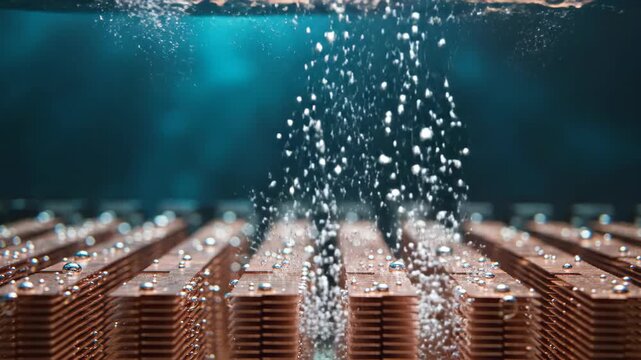 Copper heatsink cooling in liquid. Microprocessor immersion cooling system with bubbles rising through finned metal. Advanced thermal management for computer server