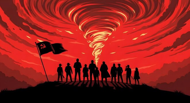 Dramatic illustration of a group observing a tornado with a communist flag in the foreground