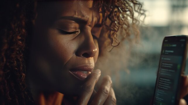 Woman regulating emotion by breathing deeply while looking at smartphone screen. Calm mindset and mental health awareness. Emotional balance technique for stress relief and mindfulness.