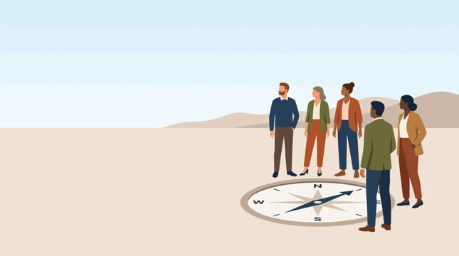 Strategic Business Direction featuring a diverse professional team standing around a large compass in a minimalist desert landscape, ideal for corporate leadership presentations.