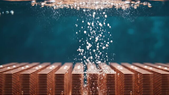 Copper heat sink submerged in liquid with rising oxygen bubbles. Cooling process in high performance server hardware. Electronic component thermal regulation system