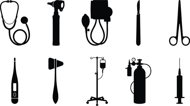 Collection of black and white medical equipment icons for healthcare and hospital use