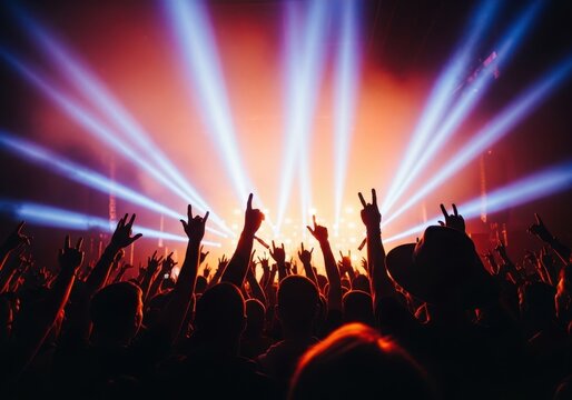 A crowd of people at a music concert with hands raised in the air and bright stage lights shining in the background