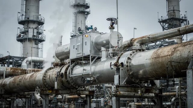 Medium shot of a retrofit carbon capture unit installed on an existing tail gas pipeline highlighting integration with older reactor infrastructure for sustainable emissions
