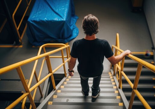 Rear view of a person walking down industrial stairs with bright yellow railings in a warehouse or factory setting