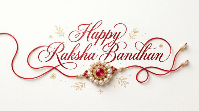 Elegant Happy Raksha Bandhan Calligraphy Design with Decorative Pearl Rakhi on Minimal White Background