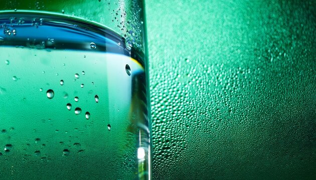 abstract blue background with lines glass with water drops on green background