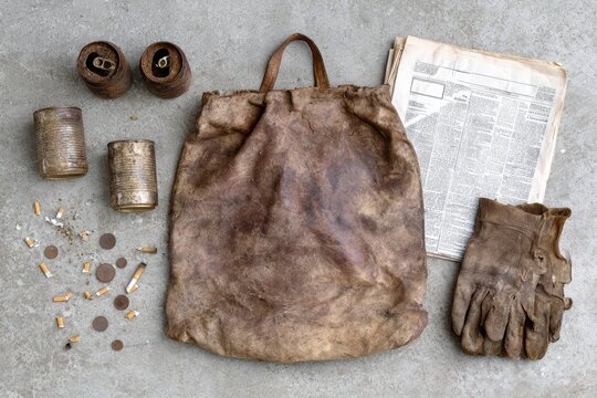 A collection of weathered, discarded items including a worn leather bag, rusty tin cans, cigarette butts, and old newspaper.