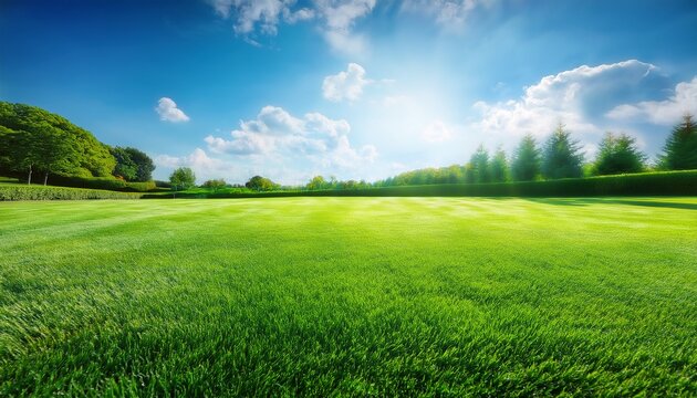 vibrant green lawn freshly mowed under the clear blue sky creating a soothing and inviting atmosphere with a mesmerizing bokeh effect in the background ideal for nature and outdoor concepts