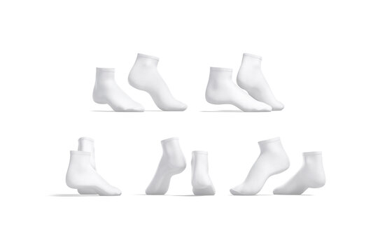 Blank white ancle socks on tiptoe mockup, different angles views
