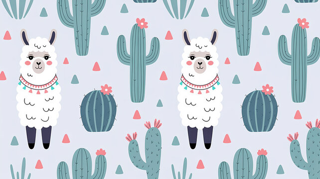 Whimsical digital illustration of llamas and cactus seamless pattern background, textured template, graphic design, cute wallpaper 