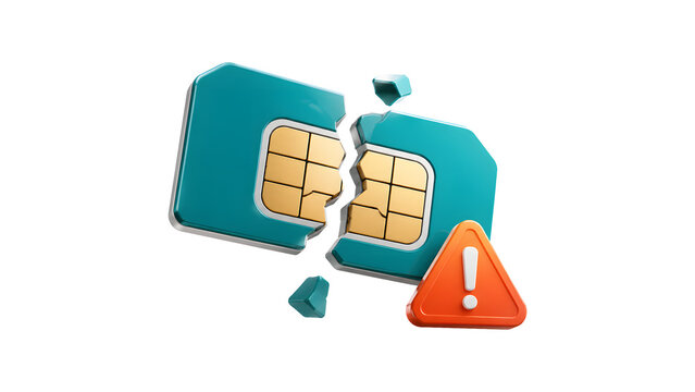 3D Broken SIM Card with Danger Warning Sign Icon, Mobile Network Error and Damaged Micro Sim Card Concept, Cellular Connection Failure Illustration Isolated on White Background
