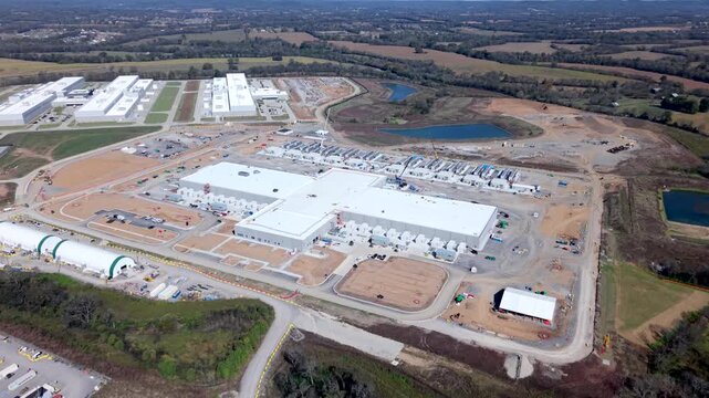 Aerial view of the Meta Data Center facility with large industrial buildings and surrounding landscape in Gallatin, Tennessee, United States.
