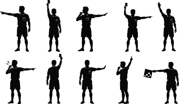 Soccer referee silhouettes set, football official hand signals and penalty card gestures, professional sports umpire icons vector collection