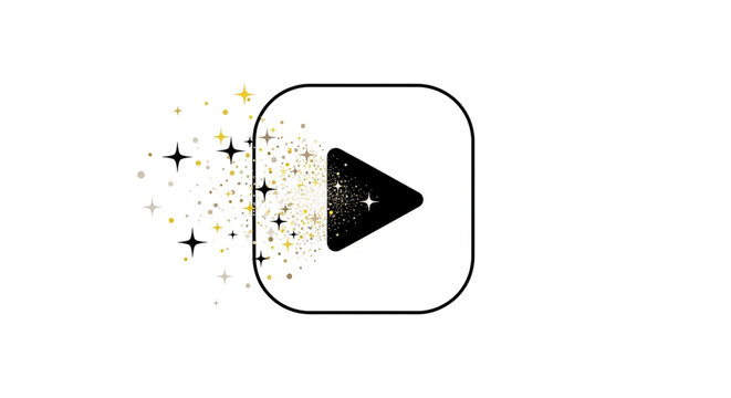 A sleek vector play button icon surrounded by sparkling starburst elements in a minimalist design style.