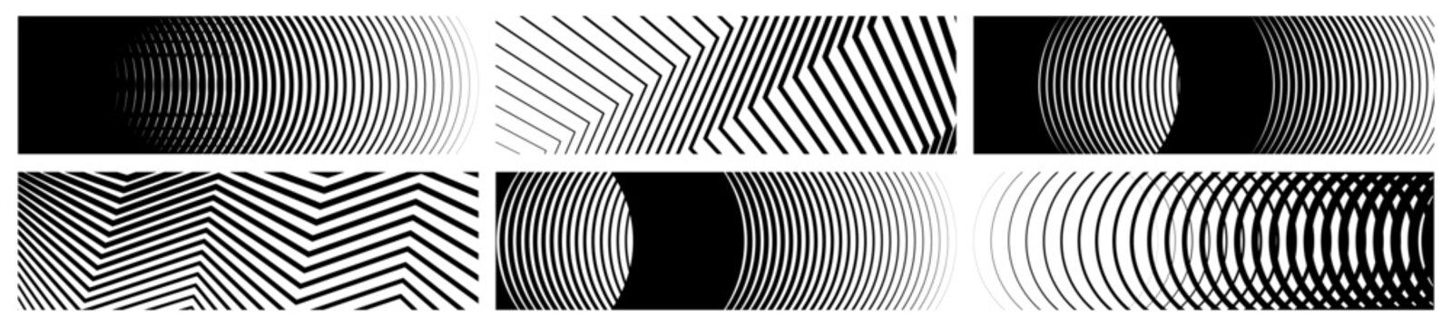Abstract black and white op art geometric line pattern banners set, modern optical illusion design